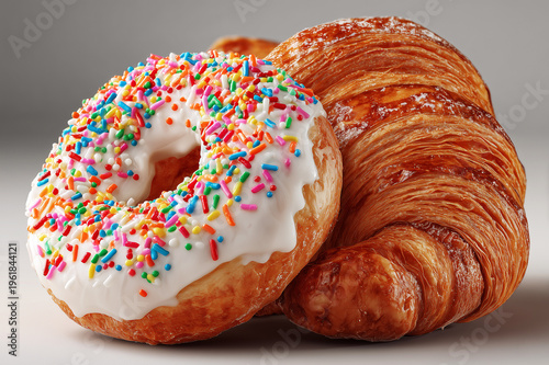 A delicious croissant with a crispy, flaky texture and a donut with white icing. The concept of a morning decision, a preference. A sweet treat.