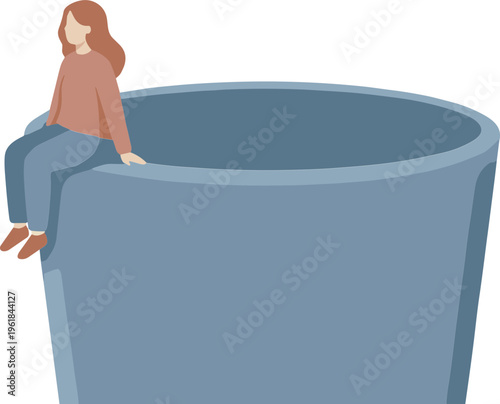 Woman sits on top of a large blue bucket outdoors alone.