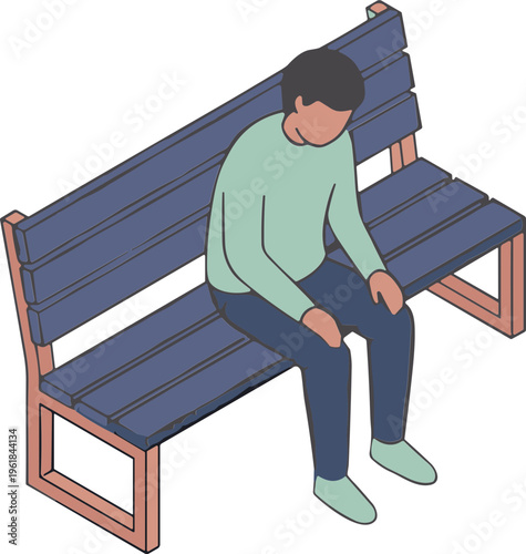 A man sits on a bench looking down