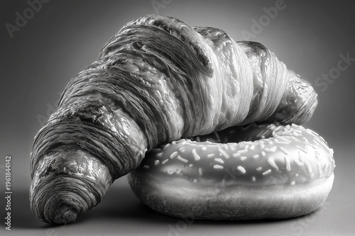 A delicious croissant with a crisp, flaky texture and a donut with white icing. Concept of morning decisions and preferences. Black and white photography.
