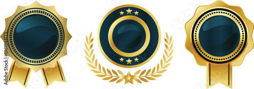 Set of three luxury golden and blue award badges and certificate seals with ribbons.