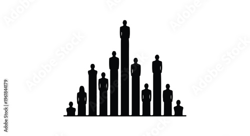 Diverse group of silhouetted people standing on rising platforms, symbolizing growth and hierarchy.