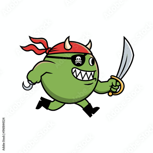 Green Pirate Monster Running with Saber and Hook Hand