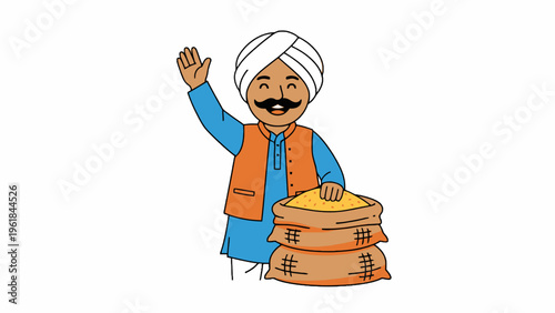 Indian Farmer Waving with Grain Sacks Isolated on White Background