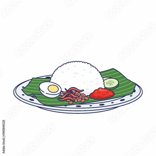 Nasi Lemak Rice Illustration with Egg and Sambal on Banana Leaf
