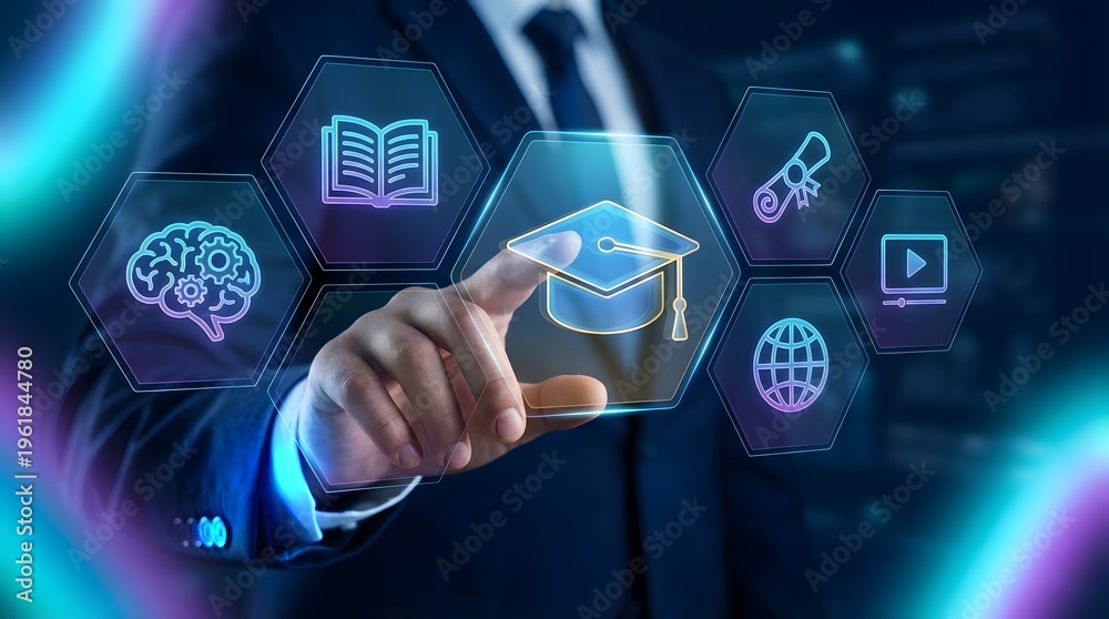 Fototapeta premium Educational technology concept with holographic learning icons