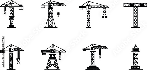 Tower crane construction machinery line icon set collection for building industrial heavy equipment engineering project vector illustration isolated on white background for architectural design