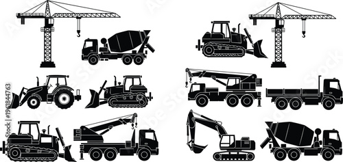Heavy construction machinery black silhouette set collection with crane excavator bulldozer and concrete mixer truck vector illustration isolated on white background for industrial building design