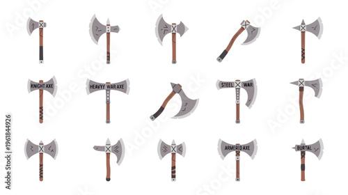 Axe illustrations in white against a black background