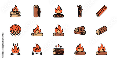 Campfire and wood stack icons on black background for design