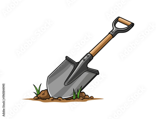 Cartoon shovel in soil with grass illustration