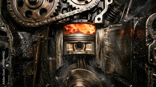 Close-up of internal combustion engine piston with fire explosion and moving timing chain