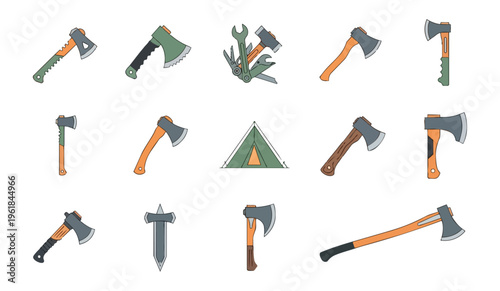 Collection of axes and multi tool illustrations on black background