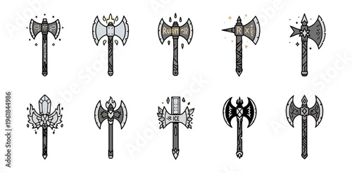 Collection of decorative axes silhouetted against a black background