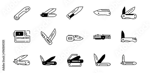 Collection of various knives illustrated in white against a black background