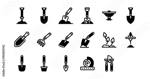 Garden tools icon set on black background for design