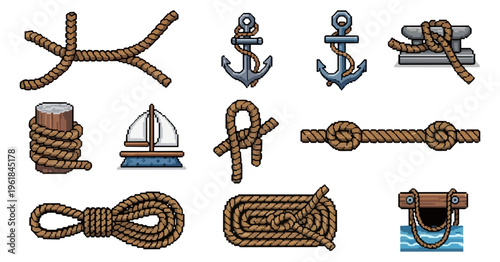 Nautical elements collection ropes anchors and knots illustrations