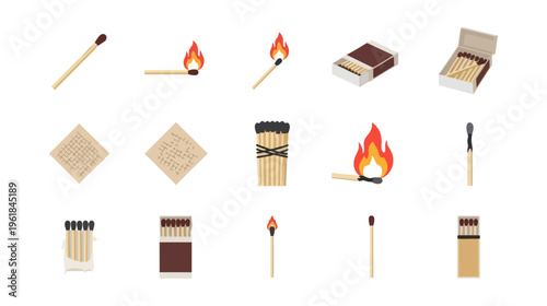 Matches burning stages set isolated black background