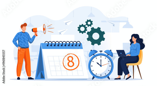 Business event vector illustration with calendar, alarm clock, gears and megaphone announcing deadline