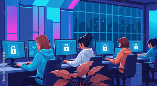 Bild auf Leinwand Cybersecurity vector illustration of a team working on computers with locked ico