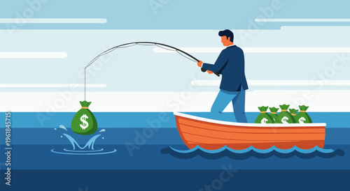 Financial Fishing A Man in a Boat Catches Money Bag in Ocean Wave - Vector Illustration