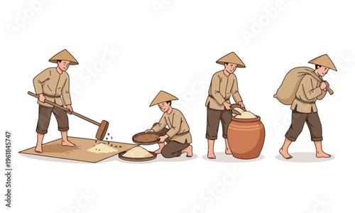 Traditional rice farmers processing harvest crops illustration