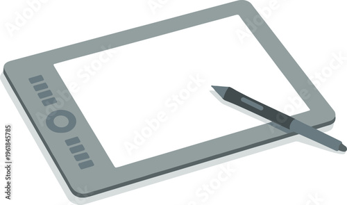 A graphic tablet with a stylus on a white surface for digital drawing.