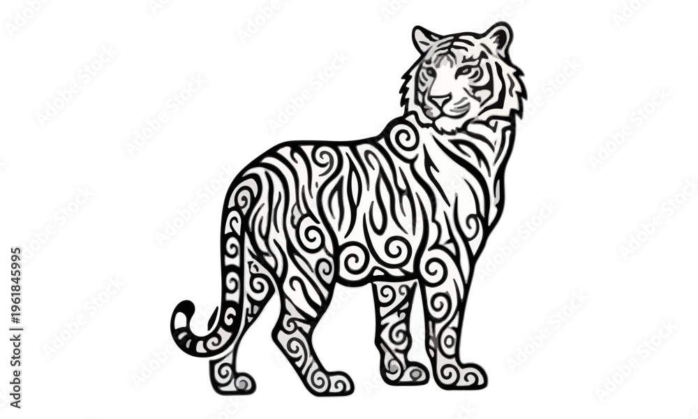 Fototapeta premium Tiger Tribal Line Art Illustration with Swirl Patterns
