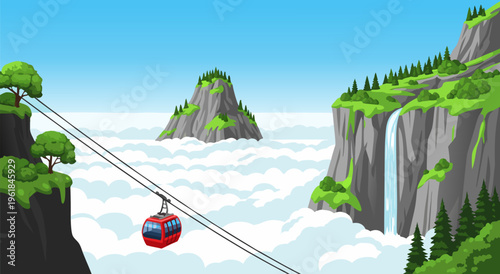 Scenic mountain landscape with a cable car going over clouds, vector illustration