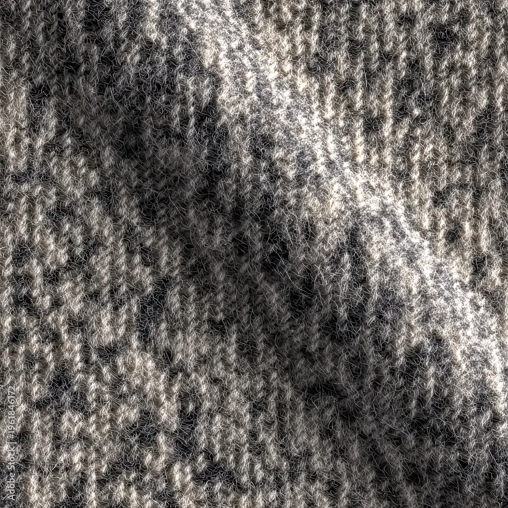 Fototapeta premium Close-up view of textured knitted fabric showing a mix of gray and white threads in soft daylight