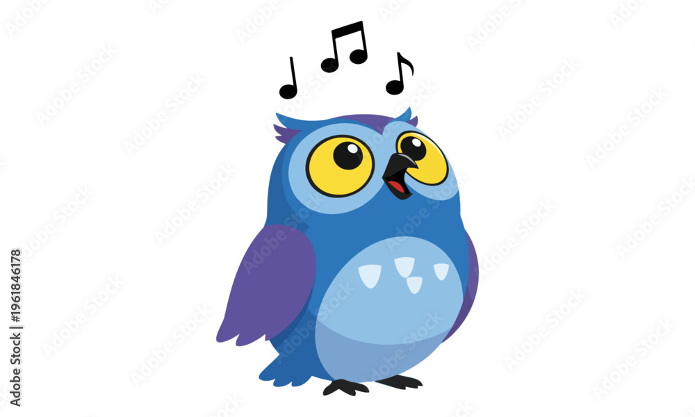 Obraz premium Singing Blue Owl Character with Music Symbols Vector Illustration