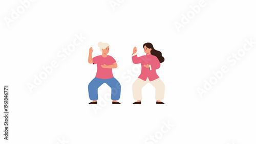 Two Women Practicing Tai Chi Martial Arts on White Background