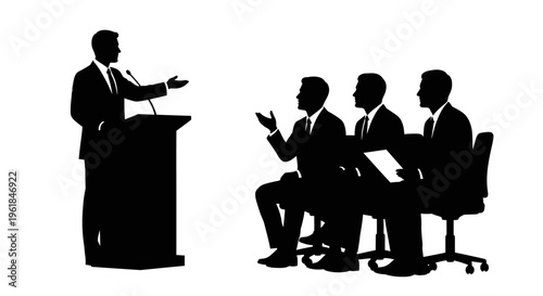 Silhouette of a businessman speaking at a podium with a microphone during a presentation to a panel of seated colleagues. Corporate seminar, conference, and public speaking concept on white.