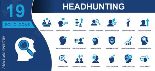 Headhunting icon set. Containing candidate assessment, interview, shortlist, resume screening, hiring decision, talent identification, job selection, placement and more. Solid vector icons
