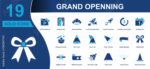 Grand opening icon set. Containing ribbon cutting, opening day, countdown, launch, balloons, party popper, banner, spotlight, stage light and more. Solid fill vector icons collection.