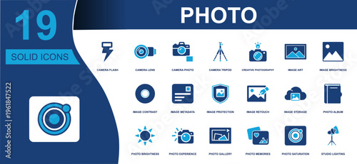 Photo icon set. Containing camera flash, camera lens, tripod, image retouch, album, gallery, memories, saturation, studio lighting and more. Solid fill vector icons collection for media use.
