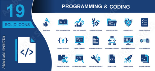 Programming and coding icon set. Containing bug fixing, code security, terminal, source code, software development, version control and more. Solid vector icons collection for tech design.