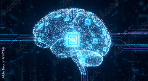 Brain-Inspired AI and Advanced Technology: An illuminated digital depiction of a human brain, subtly showcasing the intricate connections and circuits of artificial intelligence.