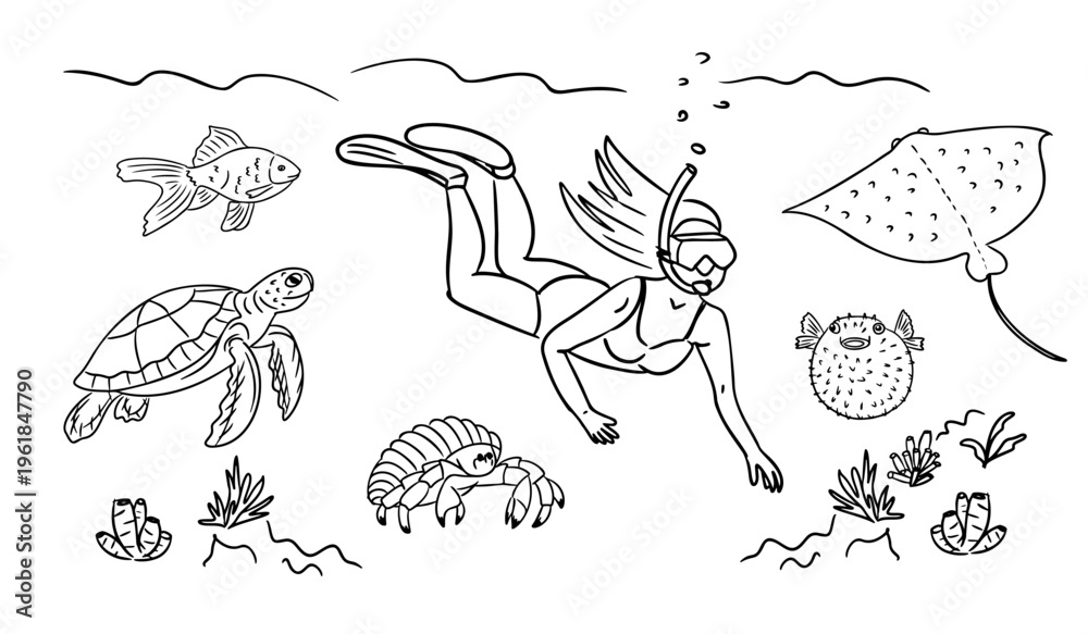 Fototapeta premium Illustration of a female diver snorkeling underwater surrounded by various marine life including fish, a turtle, a crab, and a stingray in a vibrant ocean scene