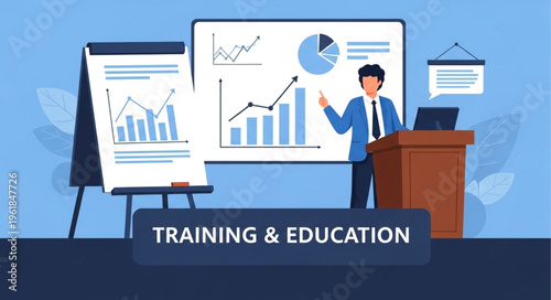 Business man presenting data charts during training session.