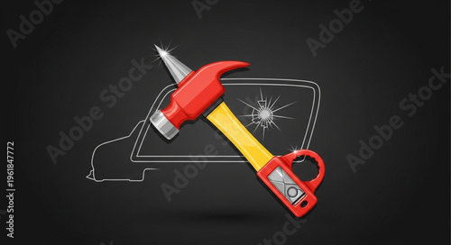 Hammer and glass cutter tools for car windshield repair.