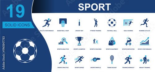 Sport icon set. Containing runner, basketball hoop, cricket bat, football ball, goal scoring, trophy, whistle, tennis racket, training and more. Solid fill vector icons collection.