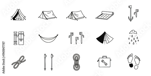 Camping equipment icons set isolated on black background