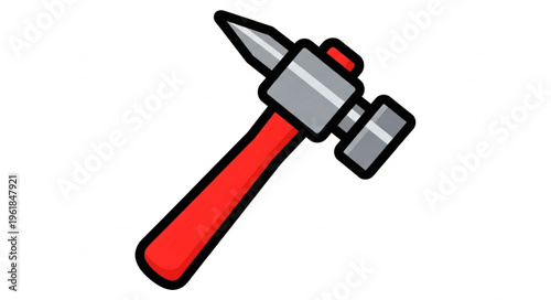 Red handled hammer tool with metal head and pointed tip.
