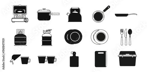 Cooking utensils and camping gear silhouettes on black background