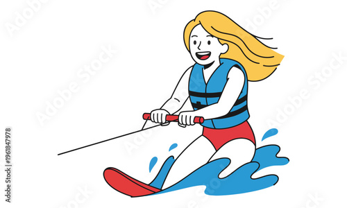 Woman Water Skiing Illustration Wearing Blue Life Jacket
