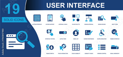 User interface icon set. Containing approval check, color palette, layout grid, menu list, touch interaction, responsive screen, version control and more. Solid fill vector icons collection.