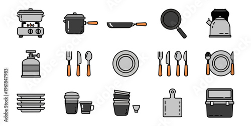 Cooking utensils and tableware icon set on black background
