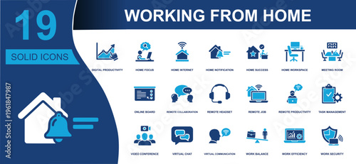 Working from home icon set. Containing remote job, virtual chat, home workspace, video conference, task management, work security and more. Solid vector icons collection for remote teams.
