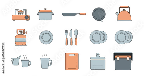 Cooking utensils and kitchenware icons on black background